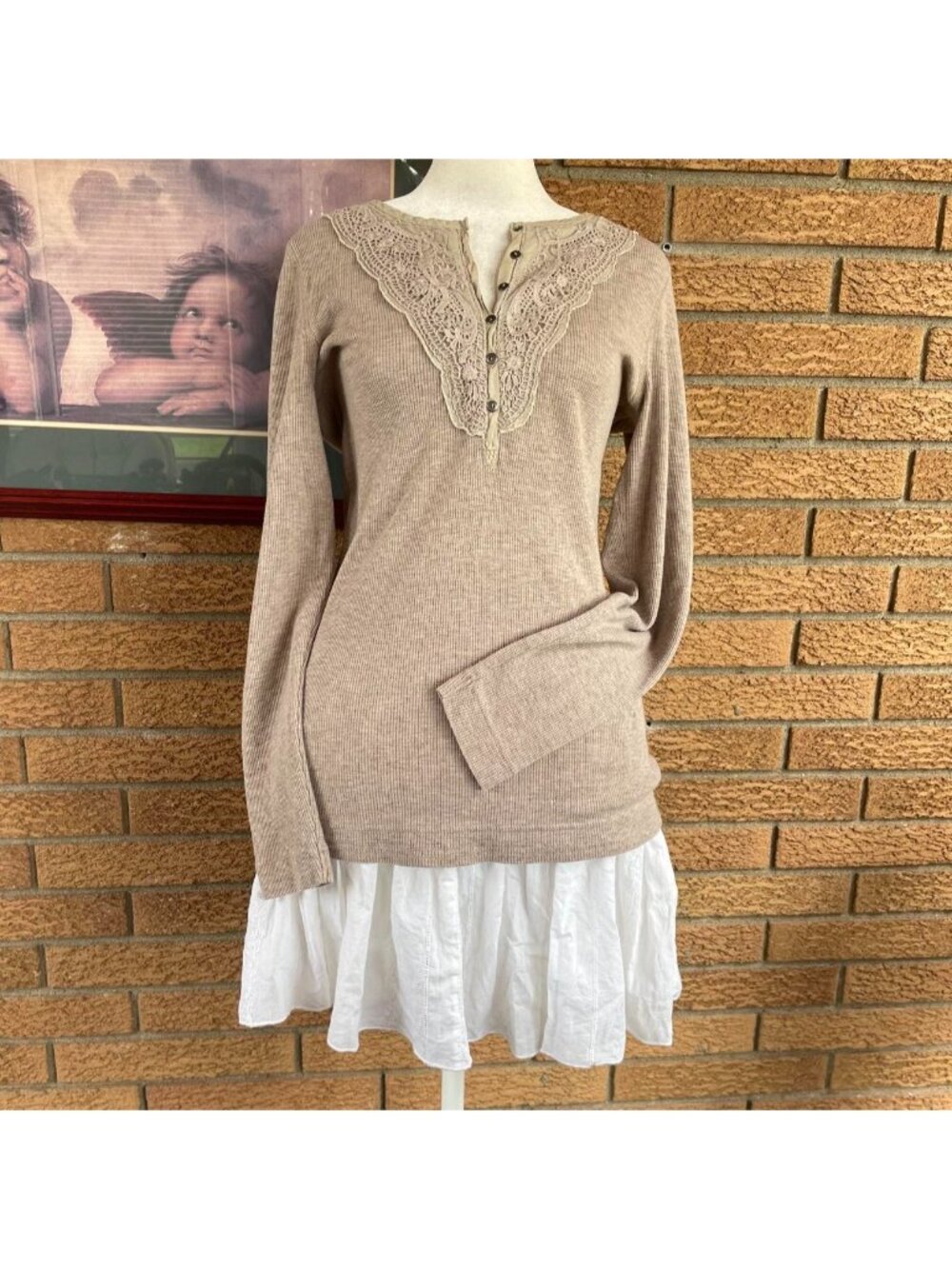 Y2K Tan Lace Trim Long Sleeve Henley Top